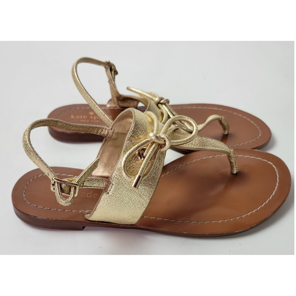 Kate Spade Carolina Metallic Gold Leather Bow Thong Slingback Sandals Womens 6.5